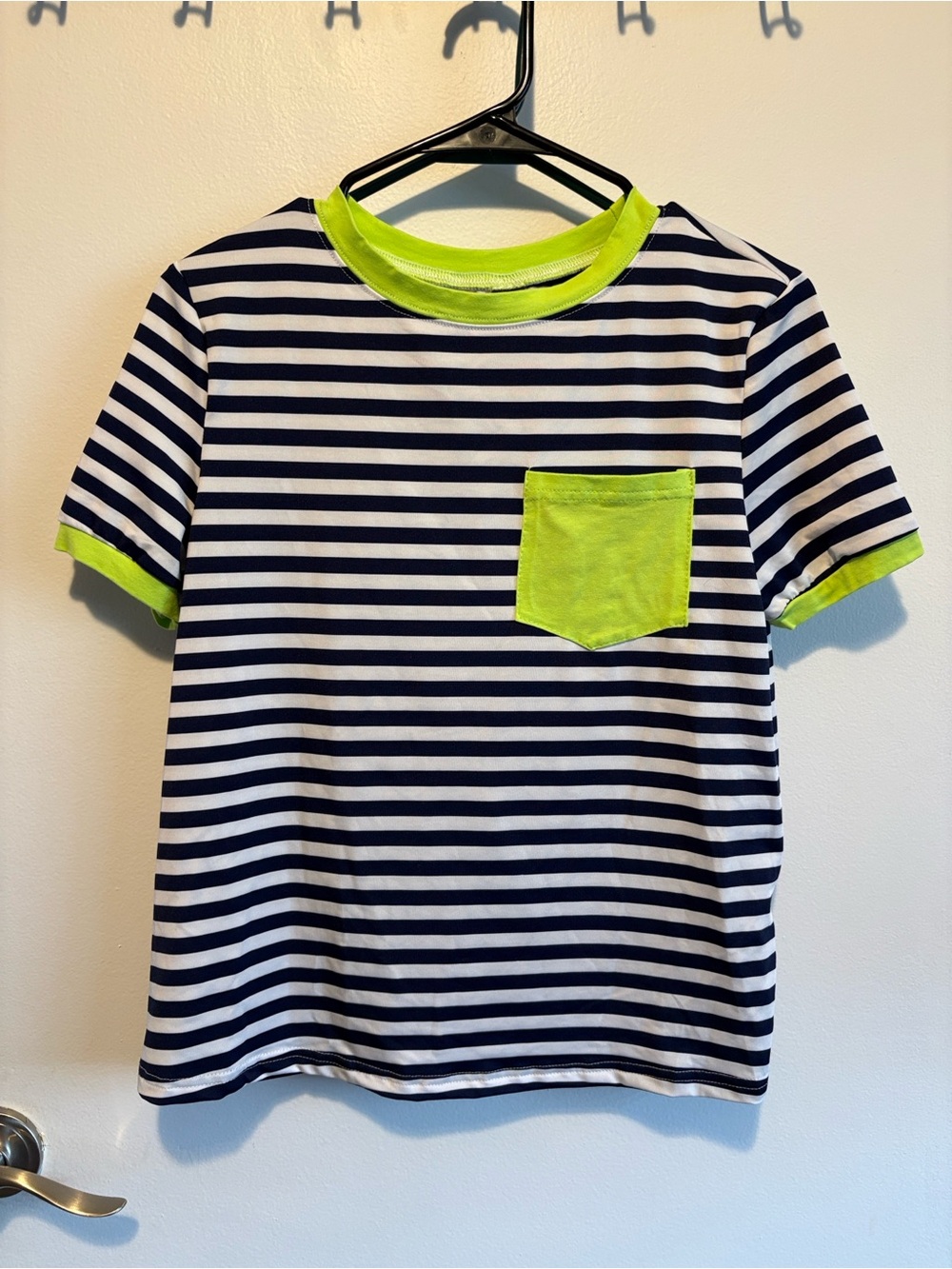 SHEIN Navy & White Striped Tee with Neon Lime Pocket